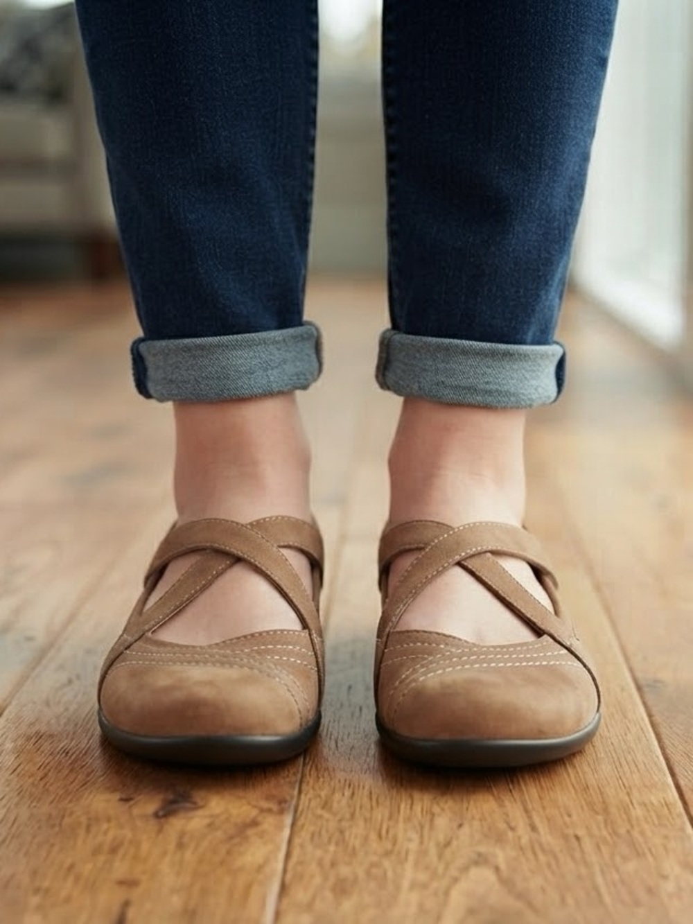 Aravon Taupe Cross-Strap Slip-On Flats size 7. Perfect for the fall!